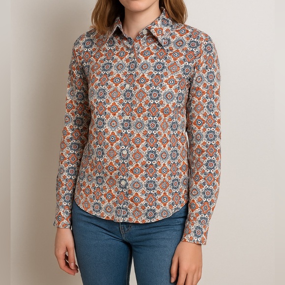 Talbots Button Down Shirt XS Red Blue Tile Print Cotton Long Sleeve - Picture 1 of 9